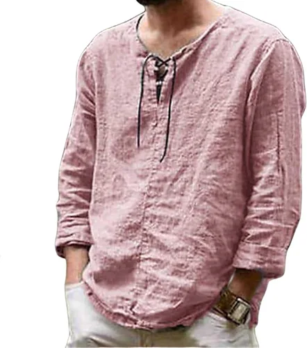 Vista 7 de Camisas de algodón y lino para hombre, manga larga, cuello en V, cordón ajustable, casual, a la moda, ajuste regular, blusas clásicas para exteriores
