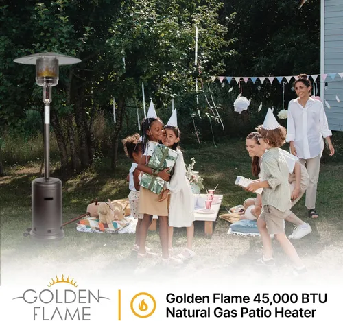 Vista 2 de Golden Flame Calentador de patio de gas natural serie XL, 45,000 BTU, 89 pulgadas de alto, encendido con botón, seguridad antiinclinación, ruedas