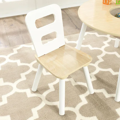 Vista 5 de KidKraft Conjunto de mesa de almacenamiento redondo y 2 sillas - Natural y blanco, 23.5 x 23.5 x 17.3
