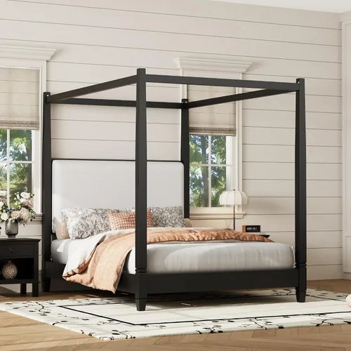 Vista 15 de VilroCaz Cama moderna de plataforma con dosel de tamaño Queen con cabecera capitoné de canal de tapicería, base de cama de metal con 4 carteles