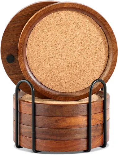 Vista 8 de WLWNWFT Posavasos de Corcho de Madera para Bebidas Absorbentes con Soporte, WLWNWFT Juego de Posavasos de Madera de Acacia Rústicos de Granja