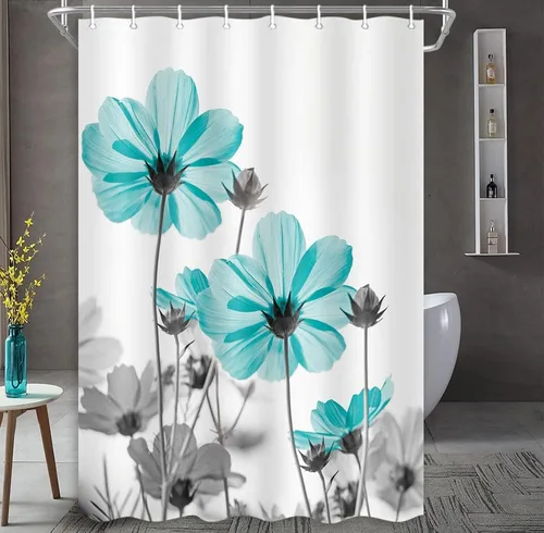 Vista 30 de MERCHR Cortina única floral azul para decoración de baño, cortina de ducha estilo granja con flores de margarita azul y gris elegantes y diseño