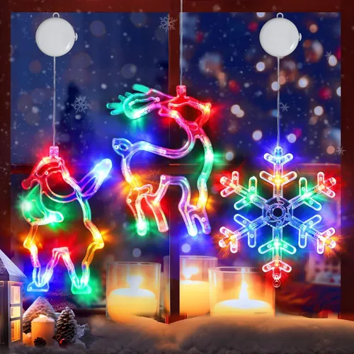 Vista 8 de Decoraciones de Navidad con luces, pack de 3 luces blancas de copo de nieve para ventana, luces de Navidad colgantes, funciona con pilas, decoración
