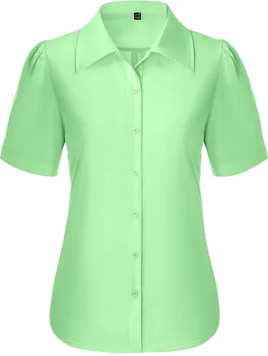 Vista 22 de Gleeivy Camisas de botones para mujer de manga corta abombada, camisas de vestir abotonadas con cuello ajustado, blusa superior de trabajo