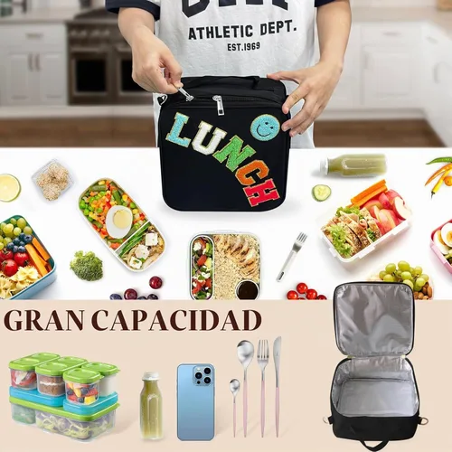 Vista 5 de Bolsa de almuerzo aislada con correa ajustable para el hombro, caja de almuerzo grande aislada de nylon, bolsa de almuerzo reutilizable con asa