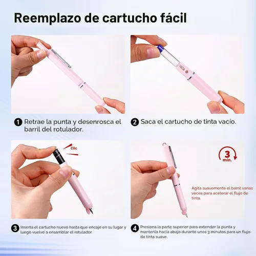 Vista 4 de WRITECH Pluma estilográfica: Cartuchos de tinta negra retráctil Clictek Rosa