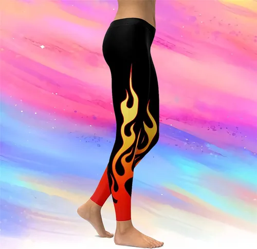 Vista 3 de Leggings de yoga adelgazantes de Navidad, cintura alta, degradado de fuego, pantalones largos de Halloween, talla grande, para gimnasio, deportes