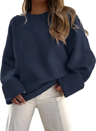 Vista 105 de LOGENE Suéter de gran tamaño para mujer, cuello redondo, manga larga, suave, mullido, suéter de punto 2025 para otoño e invierno