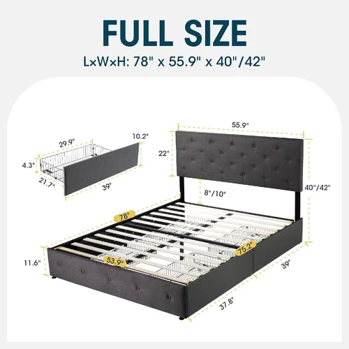 Vista 94 de WEEWAY Base de cama de plataforma tamaño King con 4 cajones de almacenamiento, cabecera capitonada con botones de costura de diamante, base de Negro