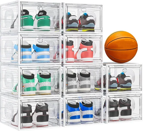 Vista 8 de caktraie Paquete de 10 organizadores de zapatos gruesos apilables, caja de almacenamiento de zapatos resistente mejorada con puerta magnética, Negro