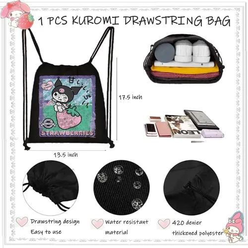 Vista 2 de Herstar Kuromi and My Melody - Juego de regalo de dibujos animados, incluye 1 bolsa con cordón, 1 llavero, 2 collares, 1 bolsa de bolso, 50