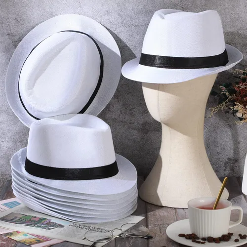 Vista 6 de Paquete de 10 sombreros Fedora de los años 20 para hombre, ala corta, sombrero Panamá para hombres y mujeres, disfraz de fiesta, circunferencia