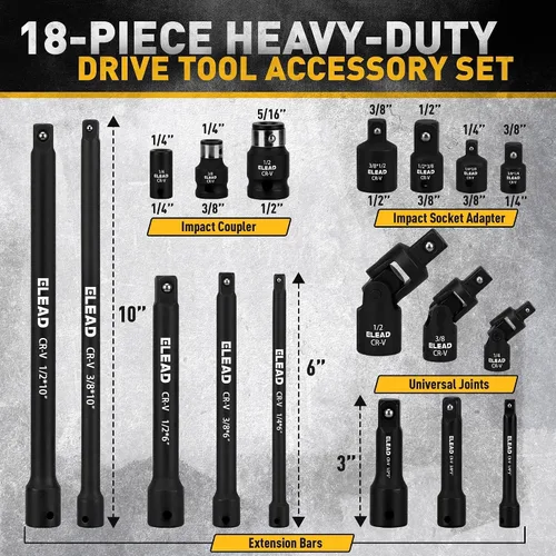 Vista 2 de Juego de extensión de enchufe de impacto de 18 piezas: barra de extensión de enchufe de accionamiento de 1/4", 3/8" y 1/2", juego de adaptadores