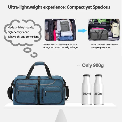 Vista 5 de Bolsa de viaje plegable de 65 litros con compartimento para zapatos y bolsillo húmedo, impermeable y resistente a desgarros, A4-azul oscuro