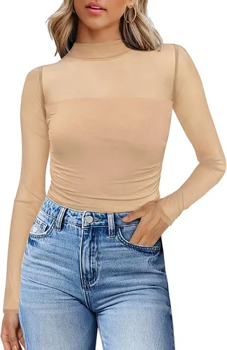 Vista 34 de Camisas de manga larga de malla sexy para mujer, ropa de moda, cuello de tortuga, drapeada, para salir, trajes de otoño, blusas ajustadas Negro