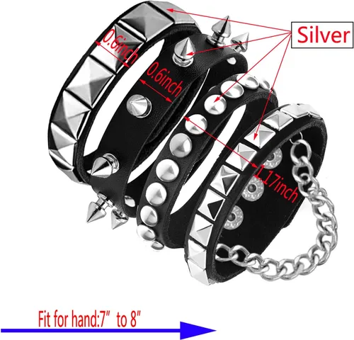 Vista 7 de 3 Pieces Punk Rock Leather Bracelets for Women Pop 80s 90s Emo Jewelry Accessories Retro Spiked Adjustable Wrap Wrist Cuffs