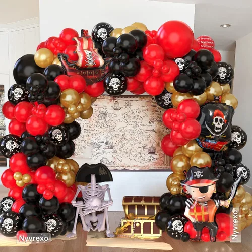 Vista 3 de Decoraciones de fiesta de cumpleaños pirata, 142 piezas de guirnalda de globos dorados metálicos rojos, negros, kit de arco de arco de globos