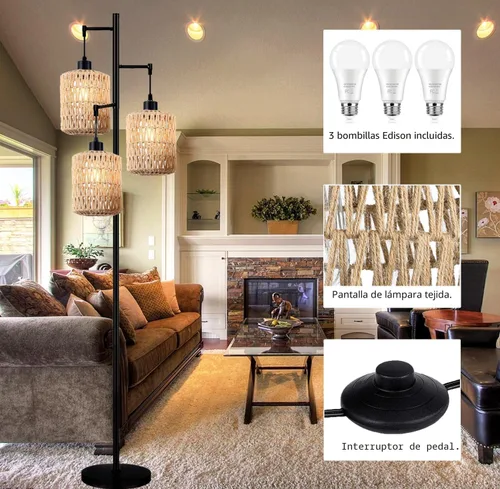 Vista 5 de QIYIZM - Lámpara de pie con diseño de árbol de 3 bombillas; alta, rústica, estilo rural, industrial y boho, pantalla de mimbre y bambú; para sala