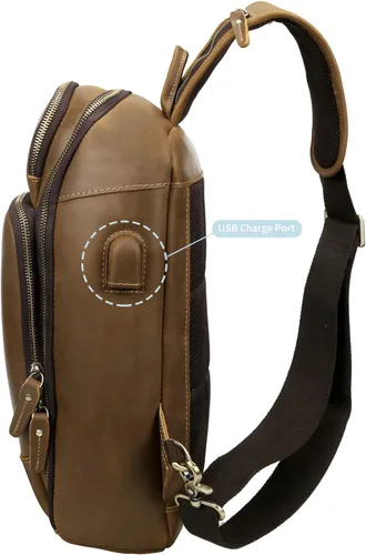 Vista 5 de Bolso de cuero genuino de grano completo vintage para hombres, mini tamaño mediano pequeño, con puerto de carga USB, Medium-camello, Mochilas Sling