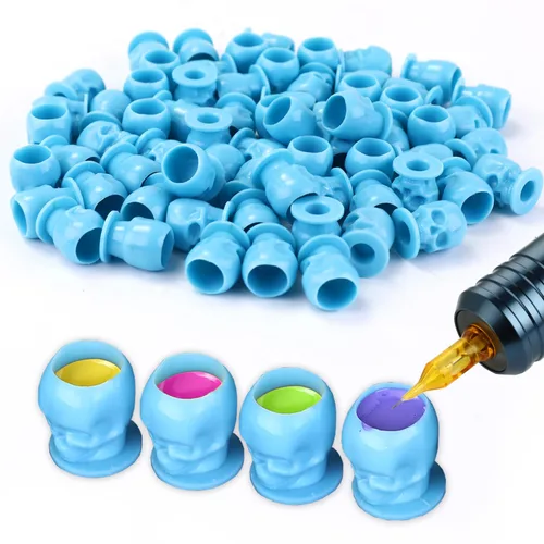 Vista 8 de 200 tapas de tinta desechables para tatuaje, vasos de plástico con base para pigmento de maquillaje permanente, suministros de accesorios