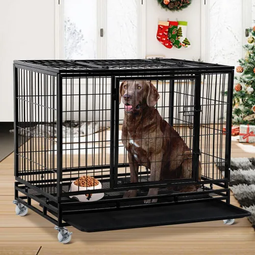 Vista 2 de Perrera para perros grande resistente con bandeja de plástico y ruedas, jaula XXL de 48 pulgadas para perros al aire libre con puertas dobles, cajas