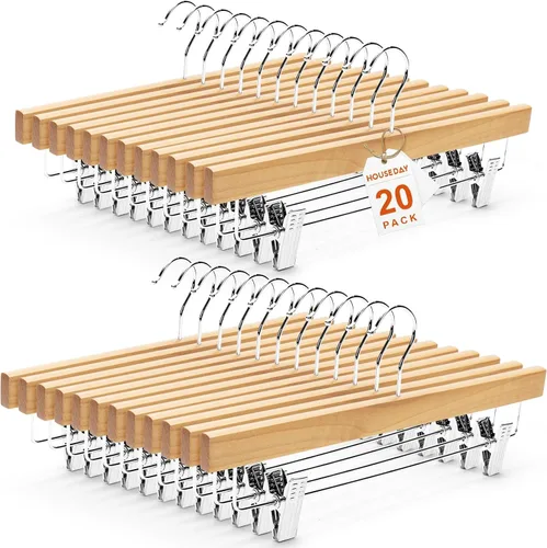 Vista 12 de HOUSE DAY Perchas de madera para pantalones con clips, paquete de 10 Natural