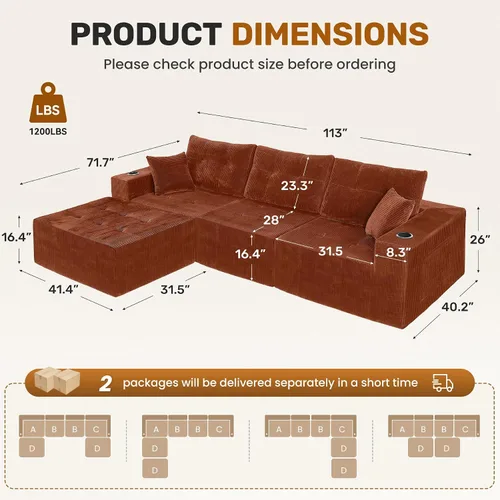 Vista 2 de Sofá modular modular de 113 pulgadas para sala de estar, sofá convertible en forma de L con otomana, sofá modular seccional, pana marrón rojizo