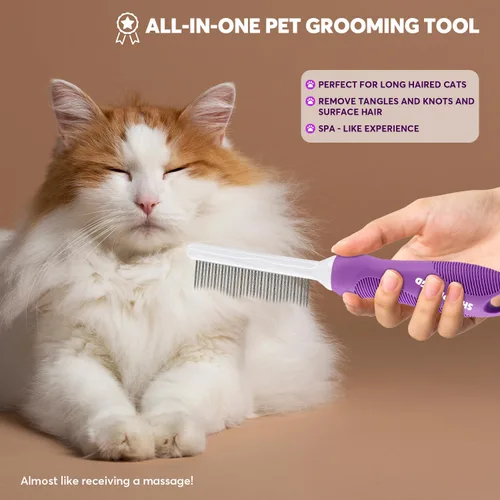 Vista 5 de Peine desenredante para mascotas para perros y gatos con dientes metálicos largos y cortos de acero inoxidable para eliminar enredos y nudos.