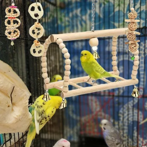 Vista 2 de Juguetes para loros, 8 unids/set de juguetes de periquito de madera, columpio/masticación/hamaca de perca de pie, escalera escaladora, juguete