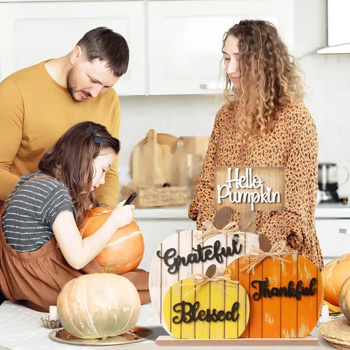Vista 6 de SY Super Bang Decoraciones de Otoño para el Hogar, Letrero Rústico de Madera Bendecido Agradecido Afortunado de Calabaza para Mesa, Decoración