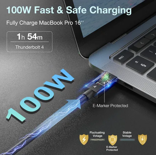 Vista 3 de Cable Thunderbolt 4 de 40 Gbps [3.3 pies 3.3 ft] trenzado, carga PD, transferencia de datos de alta velocidad y 8K a 60Hz 4K a 144Hz, USB C