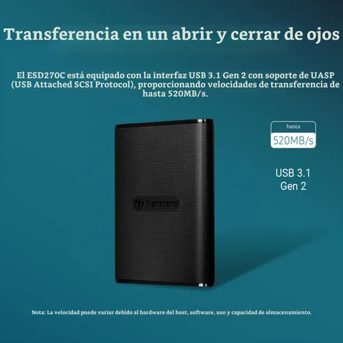Vista 4 de Transcend SSD portátil ESD270C de 250 GB de hasta 520 MB/s