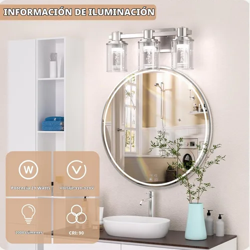 Vista 6 de Quntis Lámparas de baño de níquel cepillado con 5 modos de color, lámpara de tocador de baño moderna regulable de 3 luces sobre espejo, lámpara