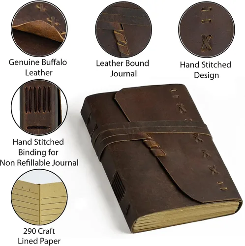 Vista 7 de Cuaderno de cuero para hombres y mujeres, diario vintage encuadernado en cuero, cuaderno de viaje con 290 páginas de papel rayado, diario