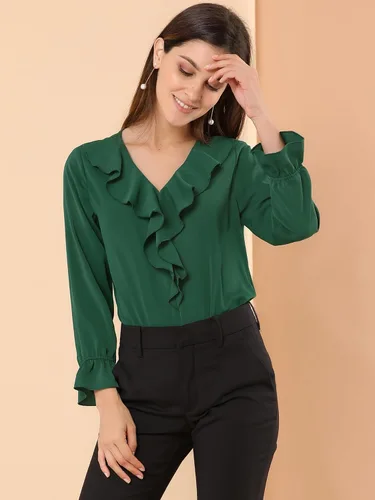 Vista 3 de Allegra K Blusa con volantes para mujer, elegante, cuello en V, manga larga, informal, elegante