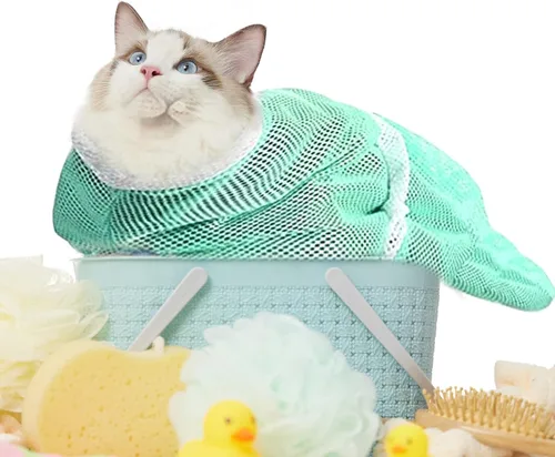 Vista 8 de Bolsa de red de baño y aseo para gatos 2 en 1, ajustable, transpirable para retención e inyección de gatos, toma de medicamentos (verde, gris)