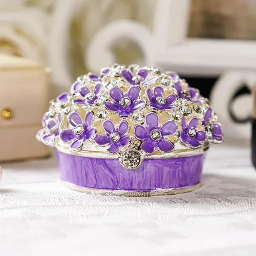 Vista 3 de YU FENG Cajas de baratijas con bisagras de 3 pulgadas con cristal esmaltado morado Forget Me Not Flower Butterfly Barinket Joyero para mujeres