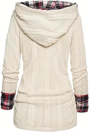 Vista 7 de Plaid Splicing Button Decor Cable Hoodie, Womens Hoodies Long Sleeve Hooded Shirts Casual Pullover Sweatshirts
