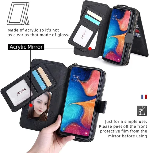 Vista 4 de Asuwish Funda de teléfono para Samsung Galaxy A20 A30 con cremallera, funda desmontable con protector de pantalla y soporte de cuero para tarjetas