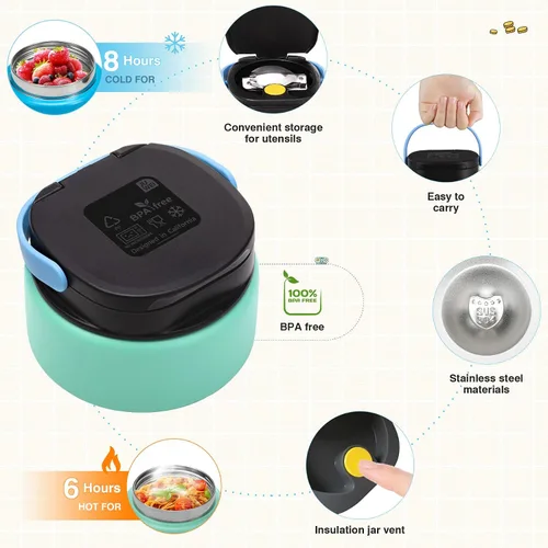 Vista 3 de Caja Bento Game para niños, lonchera con termo (tarro de comida de 9 onzas), cuchara plegable, divisor extraíble y taza de salsa, lonchera infantil