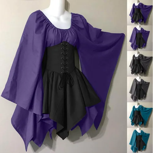 Vista 5 de SHOPESSA Disfraz medieval renacentista para mujer, vestido de corsé pirata, manga acampanada, vestido corto irlandés tradicional