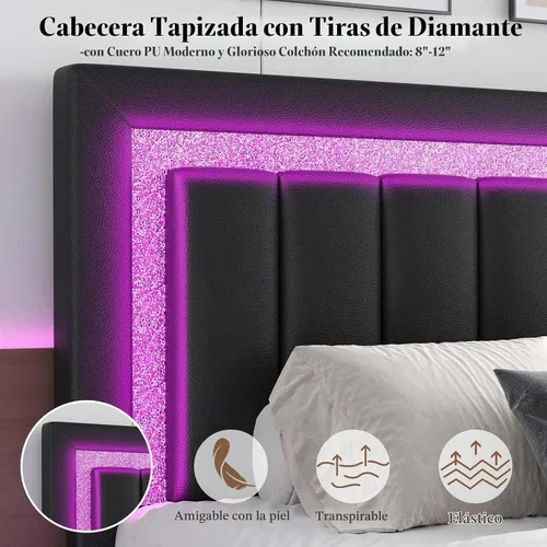 Vista 6 de HOMBCK Base de cama flotante individual con luces LED inteligentes, cama de plataforma tapizada de piel sintética con cabecera de diamante, no Negro
