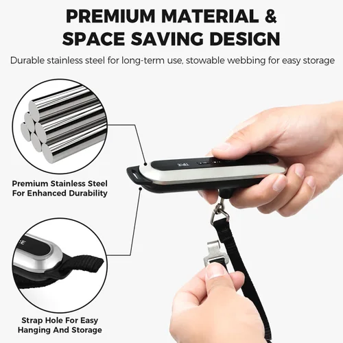 Vista 4 de Báscula de equipaje de viaje, báscula digital de maleta de 110 libras, báscula de peso portátil, báscula de equipaje de mano de acero inoxidable