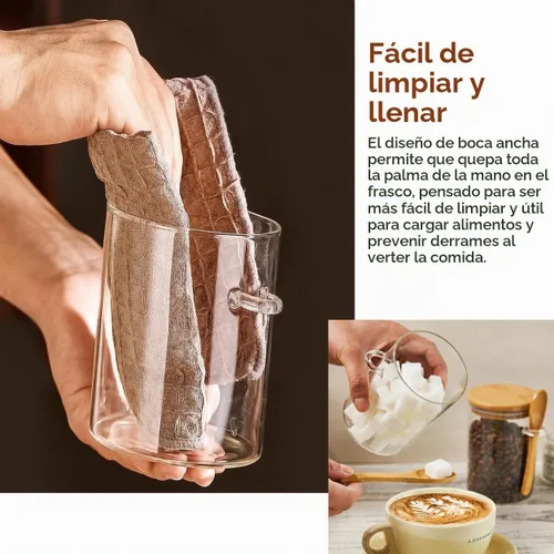 Vista 4 de Recipientes de Café Azúcar Sales - Frascos de 15 oz de Vidrio Hermético Caning con Tapas de Bambú y Cucharas Medidoras, Almacenamiento de Avena