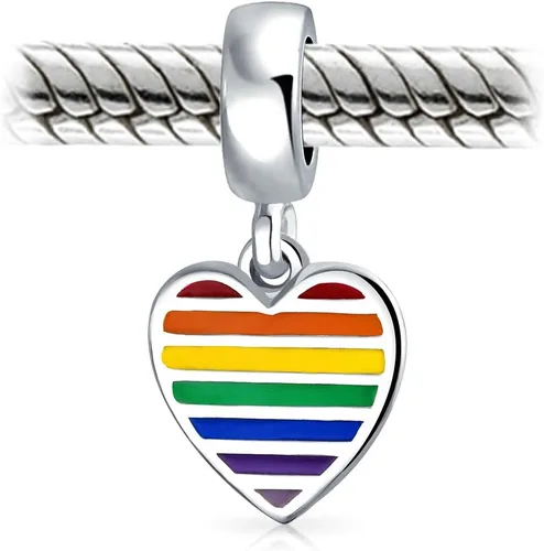 Vista 2 de Bling Jewelry Unisex .925 Sterling Silver Inspiration LGBTQ Rights Symbol Rainbow Yin Yang Circle Disc Tag Heart Dangle Bead Charm Personalized