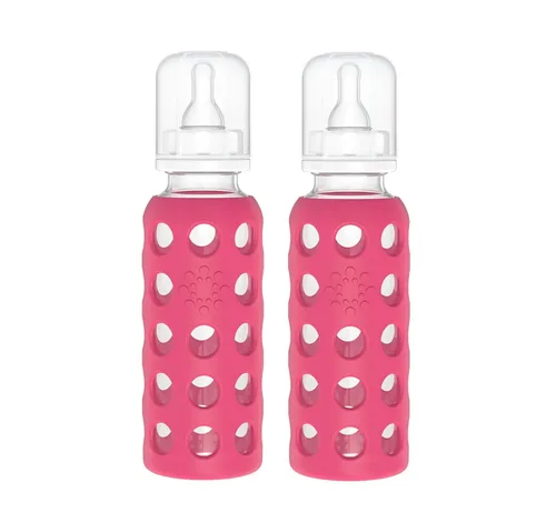 Vista 48 de Lifefactory Biberón de vidrio sin BPA Funda protectora de silicona Paquete de 2 de 4 onzas melón, plátano