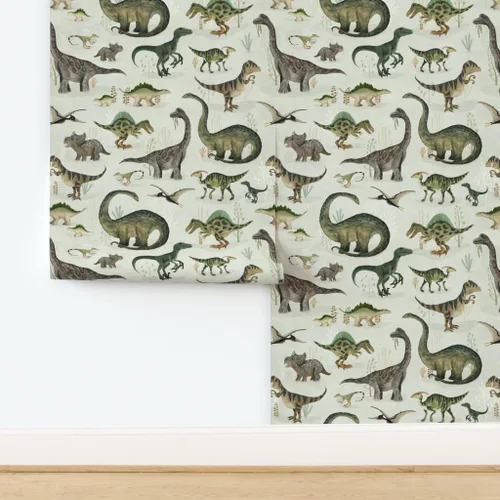 Vista 4 de Spoonflower Papel tapiz para despegar y pegar - Dinosaurios grandes Verde Niños Gris Animales Niños Ilustración Dino Papel pintado extraíble