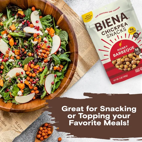 Vista 7 de Biena Bocadillos crujientes de garbanzos tostados, barbacoa, alto en proteínas, alto en fibra, sin gluten, a base de plantas, sin OMG, aperitivos