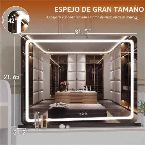 Vista 2 de Hasipu Espejo de tocador con luces, espejo LED de maquillaje de 31.5 x 22 pulgadas, espejo de maquillaje iluminado con 3 modos regulables, espejo
