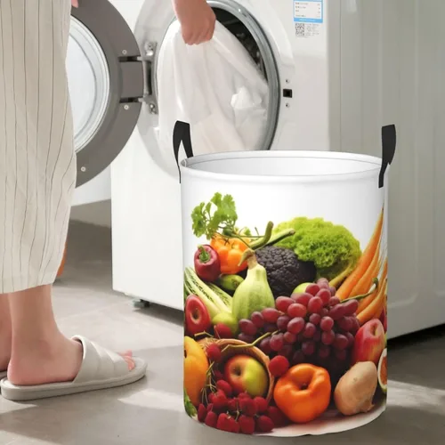 Vista 7 de Cesta circular con estampado de verduras y frutas, impermeable, cesta organizadora de ropa, con asas, para ropa, juguetes, pequeña